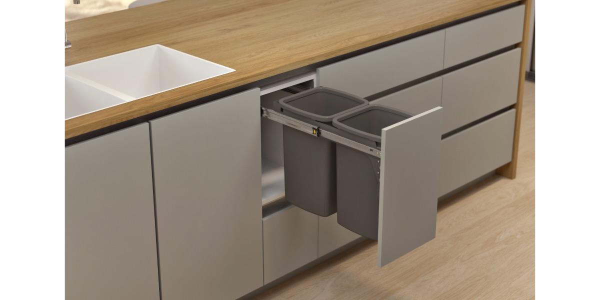 Pictured: The new HC216D-C 2x16L model for waste and recycling in a 300mm cabinet